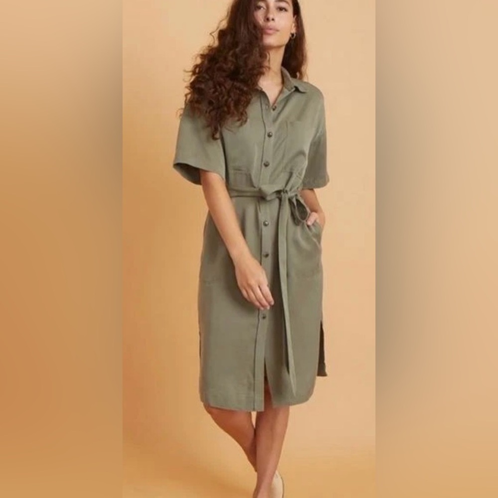 Marine Layer Olive Green Button-Front Midi‎ Dress with Tie Waist